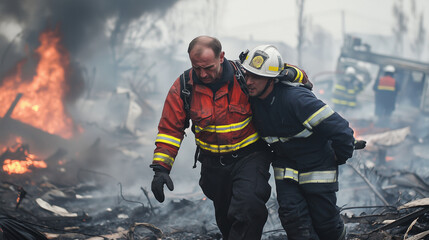 Fototapeta premium Firefighters in Action: Two brave firefighters, clad in protective gear, navigate through a scene of devastation, showcasing their unwavering commitment to saving lives in the face of danger.