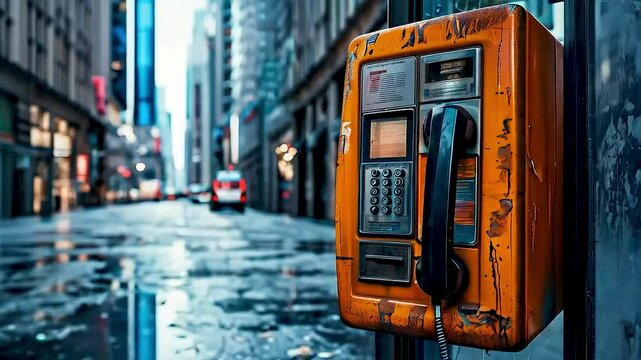 a yellow payphone on a city street