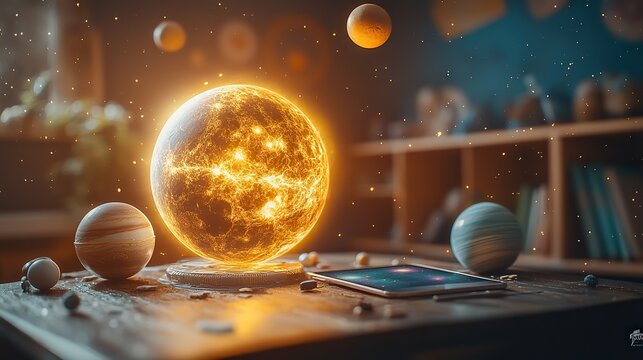Fototapeta tablet on classroom desk displays an augmented reality hologram with planets and cosmos illustrating the use of ar technology for engaging and interactive learning experiences.stock image