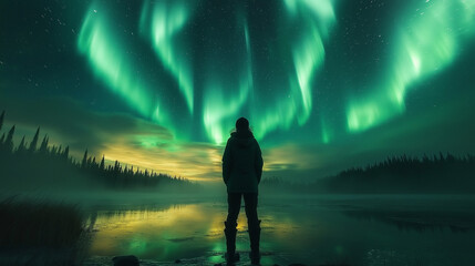 Fototapeta premium An Alaskan landscape featuring the northern lights dancing across the sky, symbolizing the uniqueness of Alaska Day