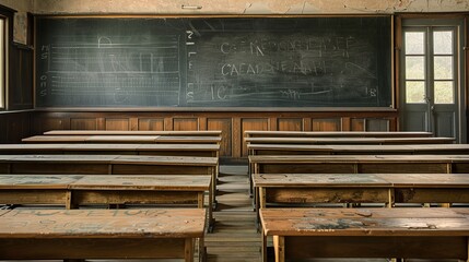 Rows of empty wooden desks sit before a chalkboard in a vacant classroom.