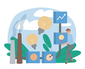 Man with business plan. Young guy with light bulb in hands. Talented entrepreneur with idea for start up or business project. Flat vector illustration isolated on white background