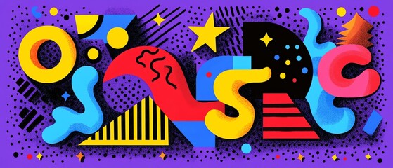 Classic 80s Memphis style design elements against a vivid purple background, featuring funky geometric shapes, squiggles, and vibrant patterns for a nostalgic abstract composition