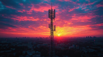 Fototapeta premium towering communication antenn against cityscape at sunset symbolizing modern signal transmission and connectivity.stock image