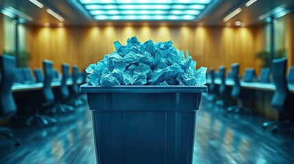 trash bin filled with crumpled papers in an empty conference room symbolizes inefficiency and business lacking future perspective.stock image