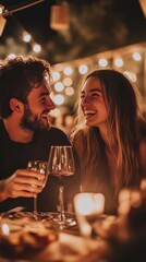 A couple enjoying a romantic dinner at a chic restaurant, candlelight illuminating their faces as they share a laugh over a glass of wine