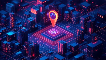 Fototapeta premium Isometric 3D illustration of a vibrant city block with a prominent location pin above a building, highlighting urban mapping and navigation concepts