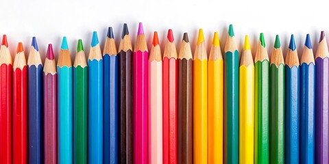 Fototapeta premium A row of sharpened colored pencils on a white background, showcasing a spectrum of hues and the potential for creative expression