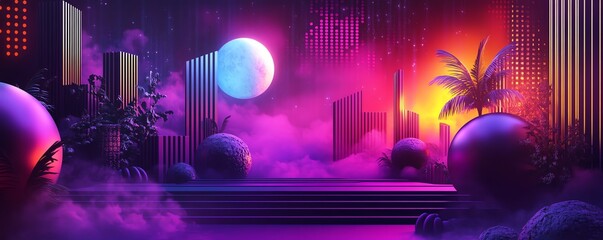 Vibrant purple backdrop filled with iconic 80s Memphis style design features, including energetic geometric shapes and whimsical patterns for nostalgic visuals