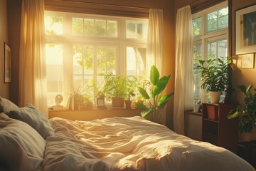 A cozy bedroom with a neatly made bed, soft sunlight streaming through large windows
