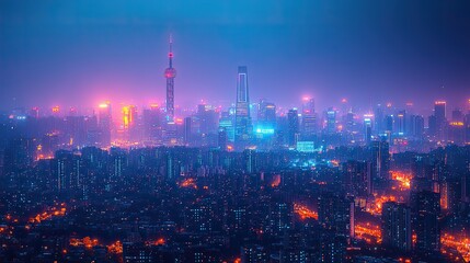 Fototapeta premium vibrant cityscape at night with focus on telecommunications tower symbolizing connectivity in smart city.illustration