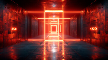 A futuristic corridor illuminated by bright neon orange lights, featuring glowing room numbers 4320 and 4220