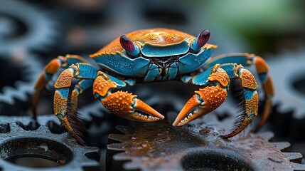 vibrant crab perched on background of gears symbolizing the rust programming language and its focus on safety concurrency and performance in systems programming.stock image