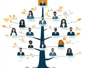 Creative illustration of a Human Resources team mapping out an organizational chart, emphasizing priority training for developing strong leaders and efficient teams