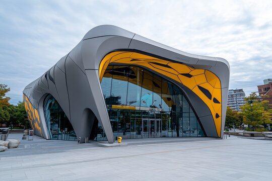 A grey and yellow outline of the museum building, capturing its modern structure