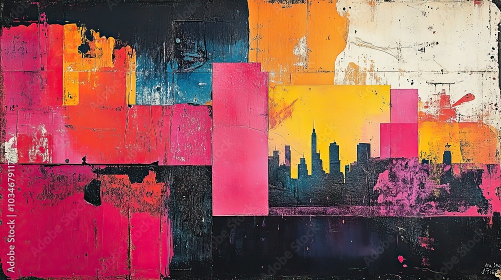 Poster vibrant high contrast art collage featuring an array of colorful elements seamlessly blended into dy
