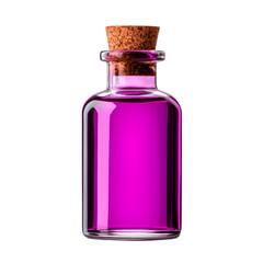 Purple potion in a glass bottle with a cork on a white isolate background. Transparent Background.