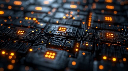 Digital Grid View from Above with Illuminated Circuitry