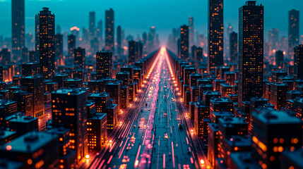 Obraz premium The city sparkles as twilight approaches, with glowing lights reflecting off bustling skyscrapers and a busy highway filled with moving vehicles, creating a lively urban atmosphere