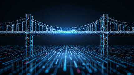 The scene features a stylized bridge glowing with blue lights, symbolizing technological advancements and connectivity in urban settings during the night
