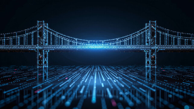 The scene features a stylized bridge glowing with blue lights, symbolizing technological advancements and connectivity in urban settings during the night