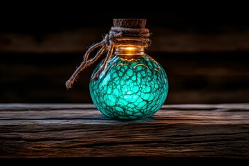 A magical potion bottle glowing in ash green, resting on an ancient wooden shelf