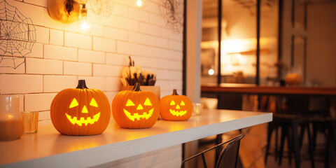 Three smiling jack o lantern pumpkin in coffee shop table, minimal halloween background