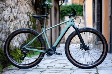 Fototapeta premium A minimalist ash green bicycle, parked next to an old stone wall in a European alley