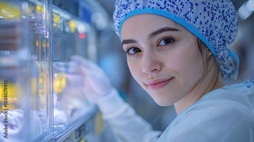Poster a focused young scientist in a lab coat and cap examines samples in a well-equipped laboratory, show