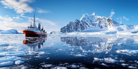 Obraz premium Ship in ocean near glacier - research vessel exploring the arctic and antarctic