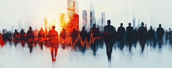 Contemporary double exposure design of a crowd of businesspeople against a white city skyline, accentuated by a glowing forex chart to signify financial growth