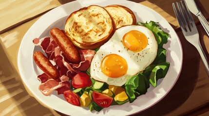 A filling plate of traditional breakfast consisting of eggs, toast, sausage, bacon, and vegetable salad.