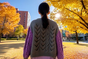 A person wearing an ash green cardigan, walking through a sunlit park in autumn