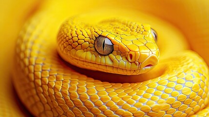 Fototapeta premium vibrant yellow snake coiled on yellow background symbolizing the python programming language.image