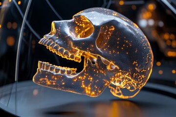 A pixelated jawbone rotating on a digital display, showing every angle