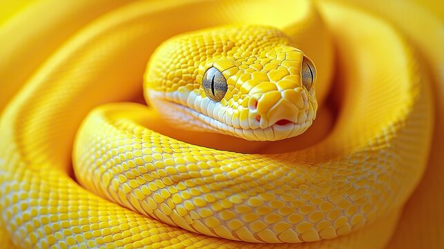 vibrant yellow snake coiled on yellow background symbolizing the python programming language.stock image