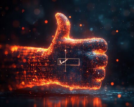 Dynamic image of a thumbs up icon integrated with a glowing digital checkmark on a dark background, with mockup space for compliance services and standards