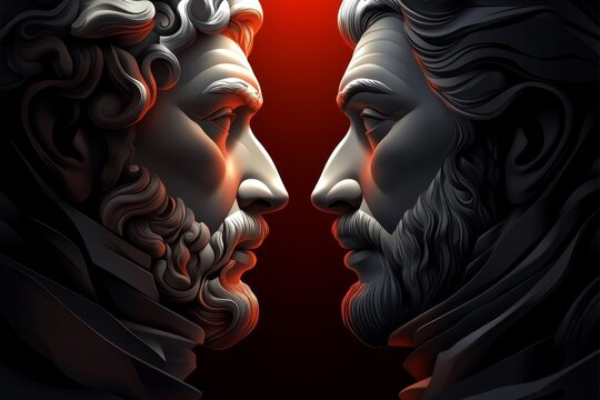 A retro-style poster showing a philosophical debate, with bold typography and muted tones