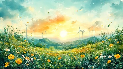 watercolorof the earth with wind turbines and plants symbolizing renewable energy and environmental sustainability.illustration