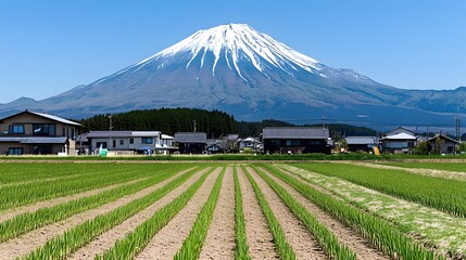 Fototapeta premium Mount Fuji View with Green Fields and Houses in Japan