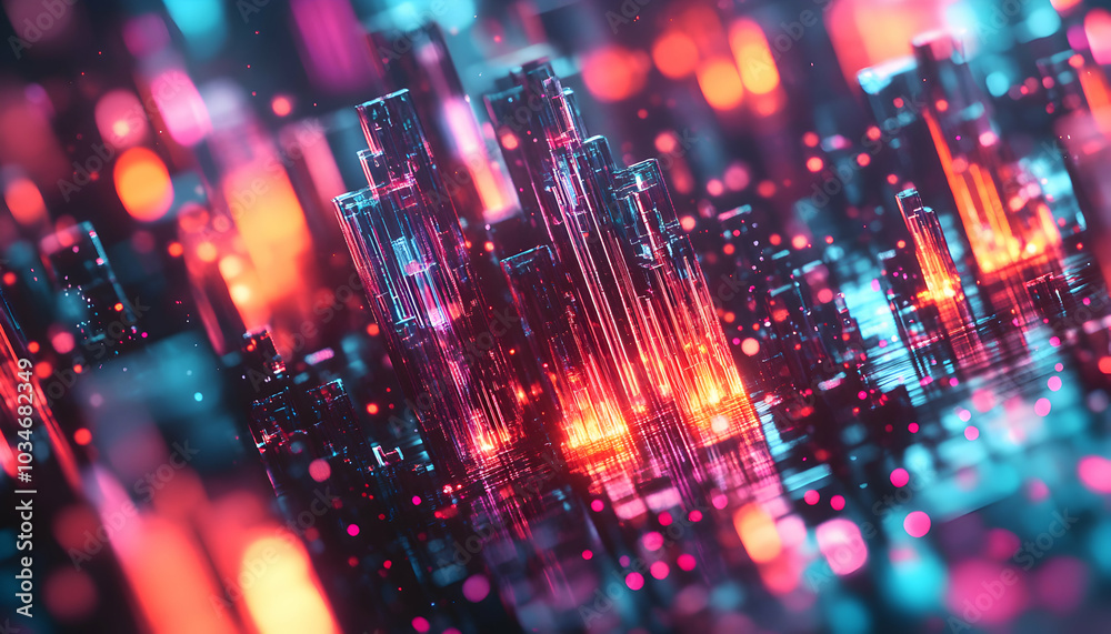 Poster Abstract city skyline with neon lights and glowing particles.