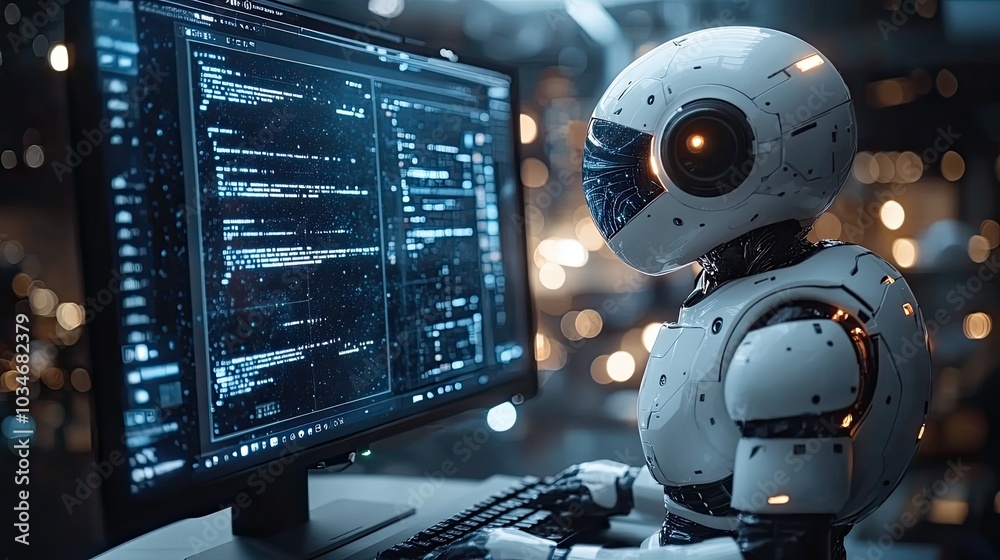 Poster white ai robot assistant mascot standing next to blank computer screen computer mockup with blank em