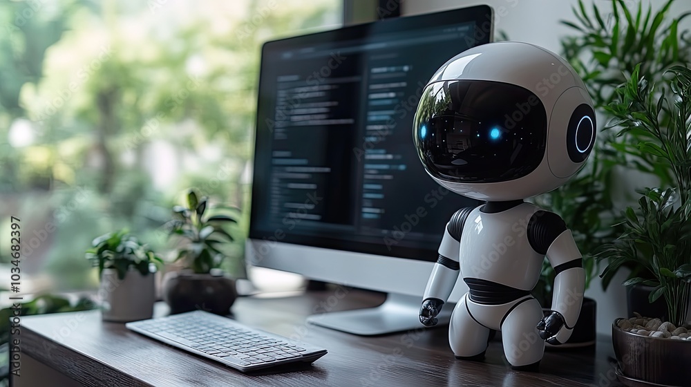Poster white ai robot assistant mascot standing next to blank computer screen computer mockup with blank em