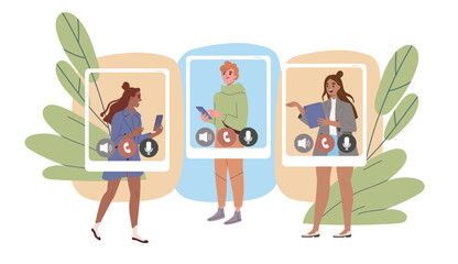 People with video call. Man and women communicate on social networks and instant messengers. Video call and conference online. Flat vector illustration isolated on white background