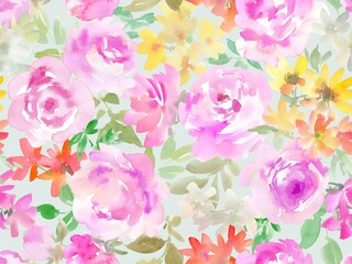Watercolor abstract pink rose and floral seamless pattern, watercolor floral wallpaper	