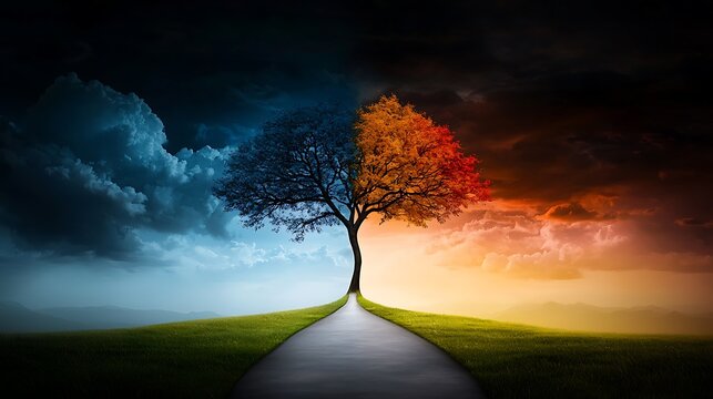 A metaphorical representation of a path divided into two: one side leading to a beautiful garden filled with light and laughter, the other side leading into a dark and twisted forest filled 