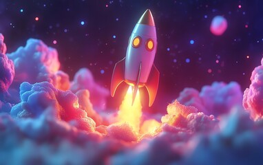 Highresolution 3D rendering of a laptop featuring a rocket launch symbol for startup growth, set on a captivating abstract background with vivid colors