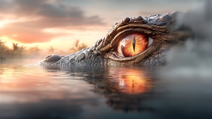 A person swimming cautiously in dark waters with a crocodile's eyes glowing ominously just ahead, showcasing the concept of knowingly stepping into danger, surrounded by dense jungle. Ultra-Realistic,