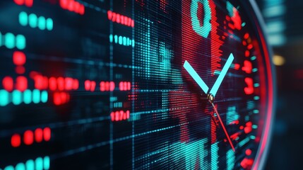 A close-up of a digital clock displaying vibrant, multicolored data and patterns, suggesting a tech-focused environment and advanced timekeeping.
