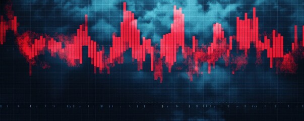 This image displays a red financial chart with fluctuating data points, set against a dark, cloudy background, reflecting market volatility.